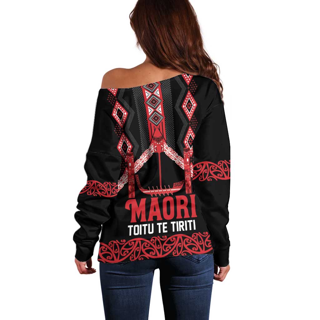 Toitu Te Tiriti Waitangi Off Shoulder Sweater Black Wharenui House - Aussie Hoodie