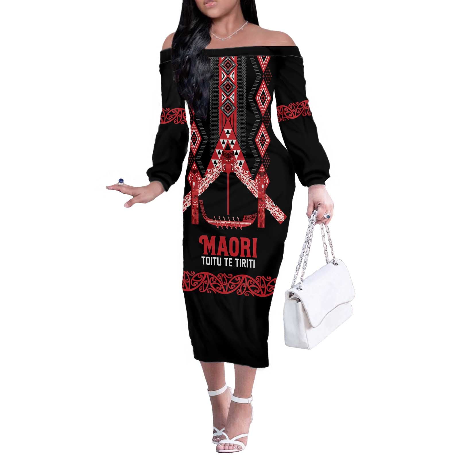 Toitu Te Tiriti Waitangi Off The Shoulder Long Sleeve Dress Black Wharenui House - Aussie Hoodie