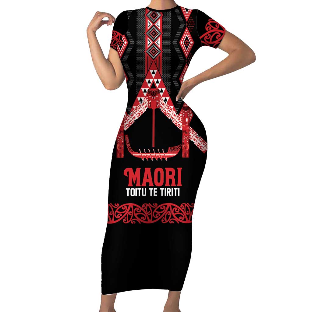Toitu Te Tiriti Waitangi Short Sleeve Bodycon Dress Black Wharenui House - Aussie Hoodie