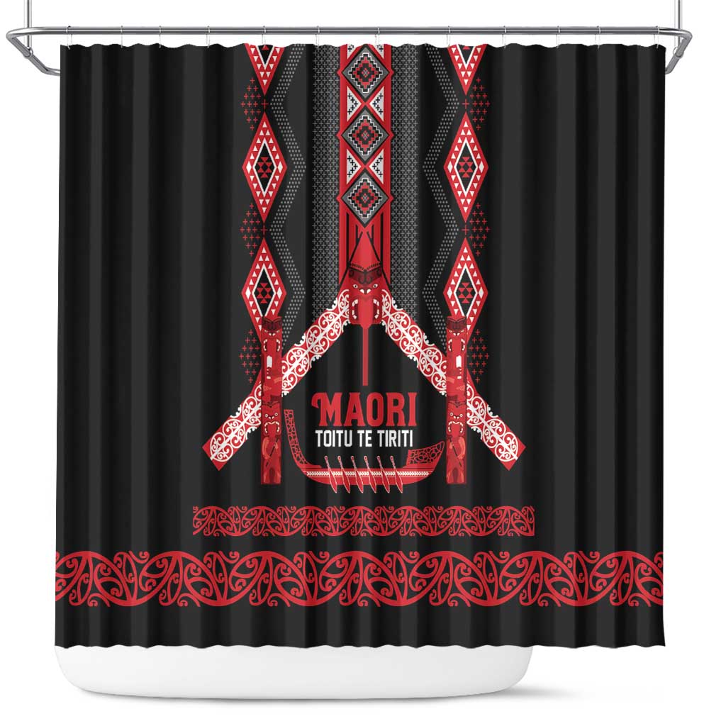 Toitu Te Tiriti Waitangi Shower Curtain Black Wharenui House - Aussie Hoodie