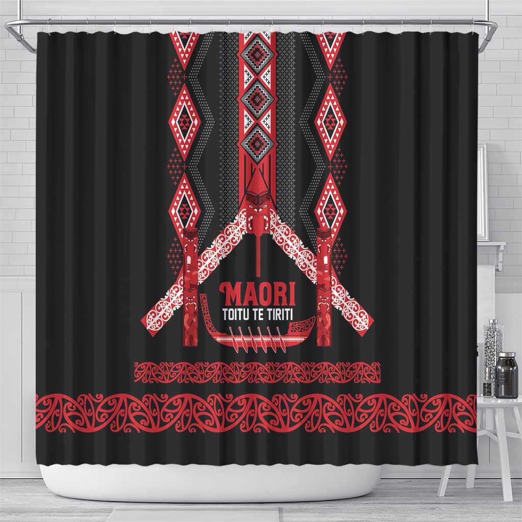 Toitu Te Tiriti Waitangi Shower Curtain Black Wharenui House - Aussie Hoodie