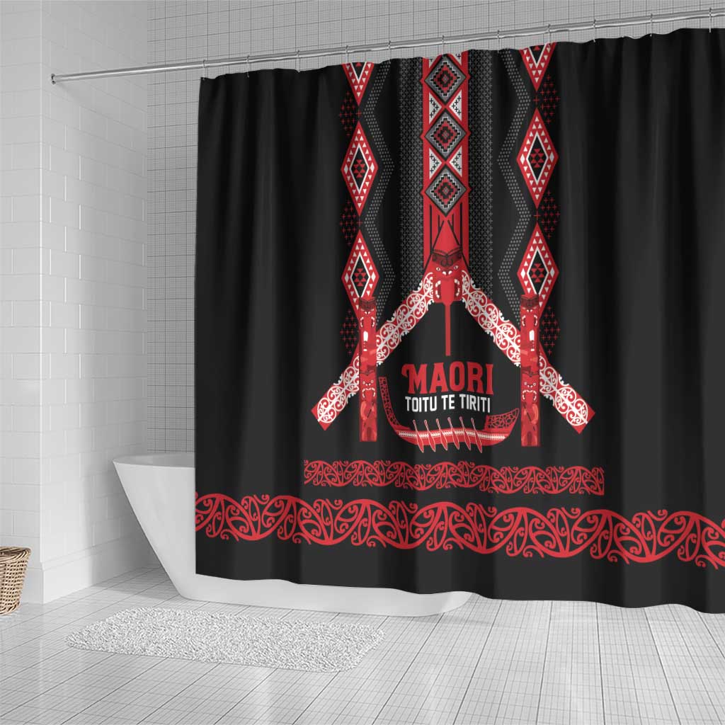 Toitu Te Tiriti Waitangi Shower Curtain Black Wharenui House - Aussie Hoodie