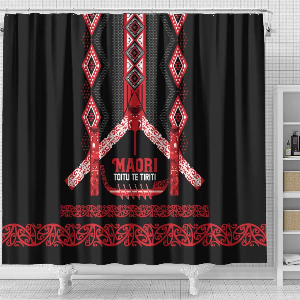 Toitu Te Tiriti Waitangi Shower Curtain Black Wharenui House - Aussie Hoodie