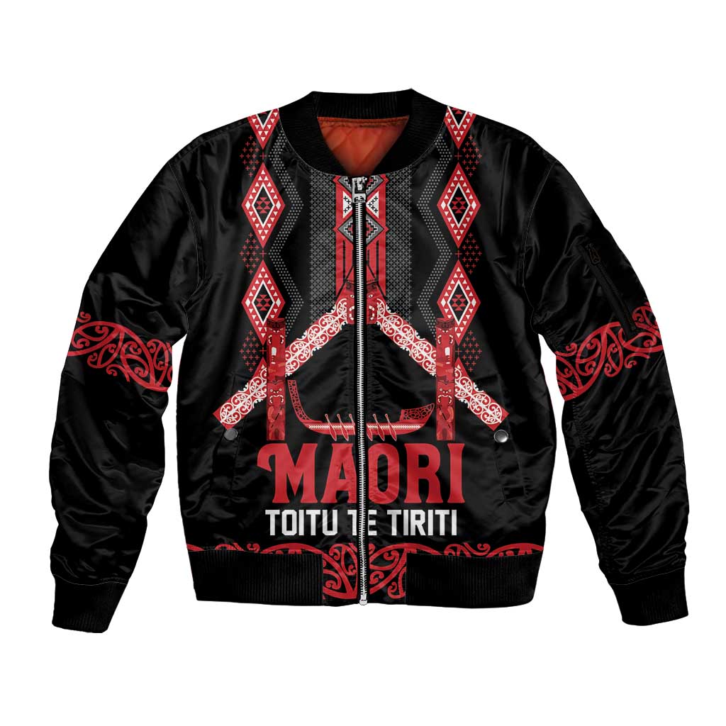Toitu Te Tiriti Waitangi Sleeve Zip Bomber Jacket Black Wharenui House - Aussie Hoodie