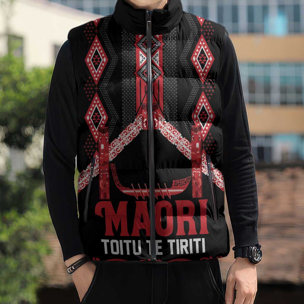 Toitu Te Tiriti Waitangi Sleeveless Puffer Jacket Black Wharenui House - Aussie Hoodie