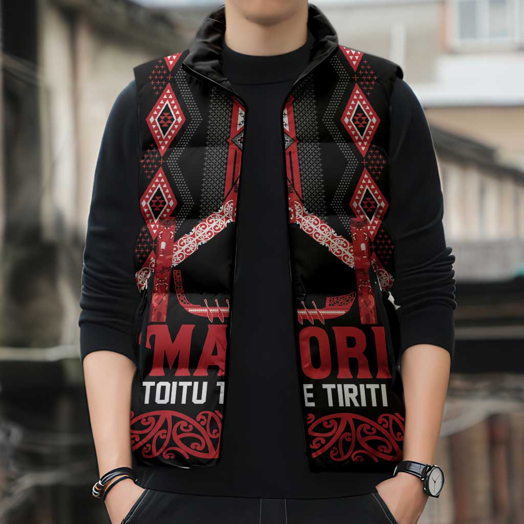 Toitu Te Tiriti Waitangi Sleeveless Puffer Jacket Black Wharenui House - Aussie Hoodie