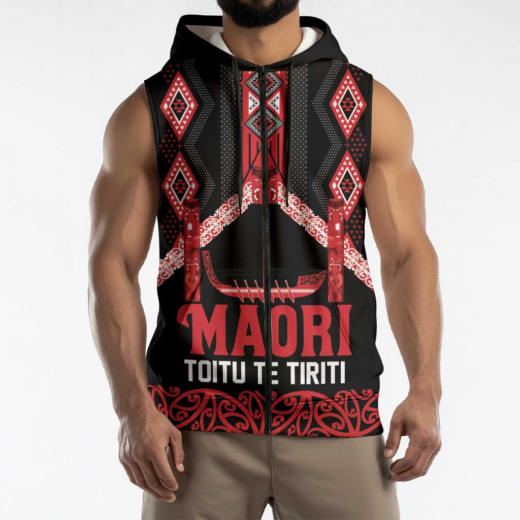 Toitu Te Tiriti Waitangi Sleeveless Zip Hoodie Black Wharenui House - Aussie Hoodie