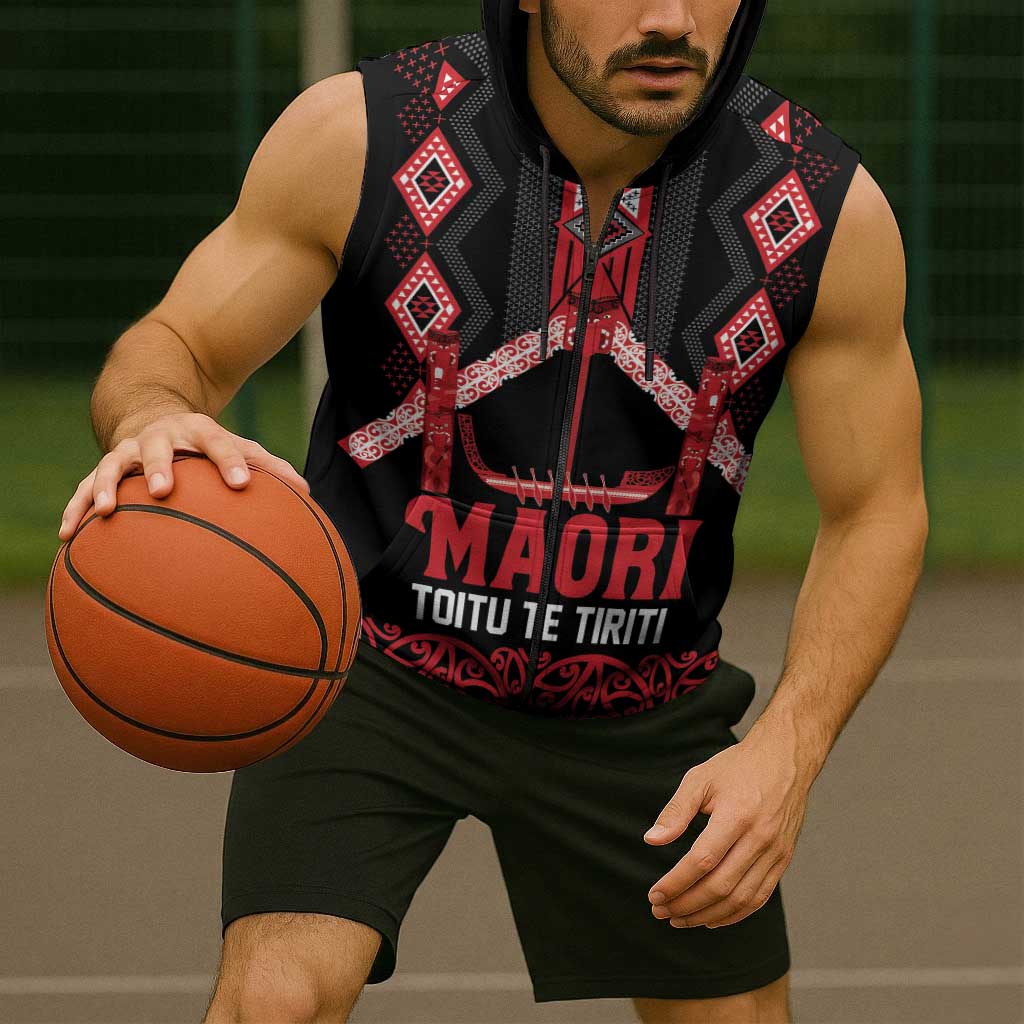 Toitu Te Tiriti Waitangi Sleeveless Zip Hoodie Black Wharenui House - Aussie Hoodie