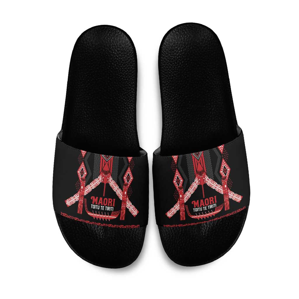 Toitu Te Tiriti Waitangi Slide Sandals Black Wharenui House - Aussie Hoodie
