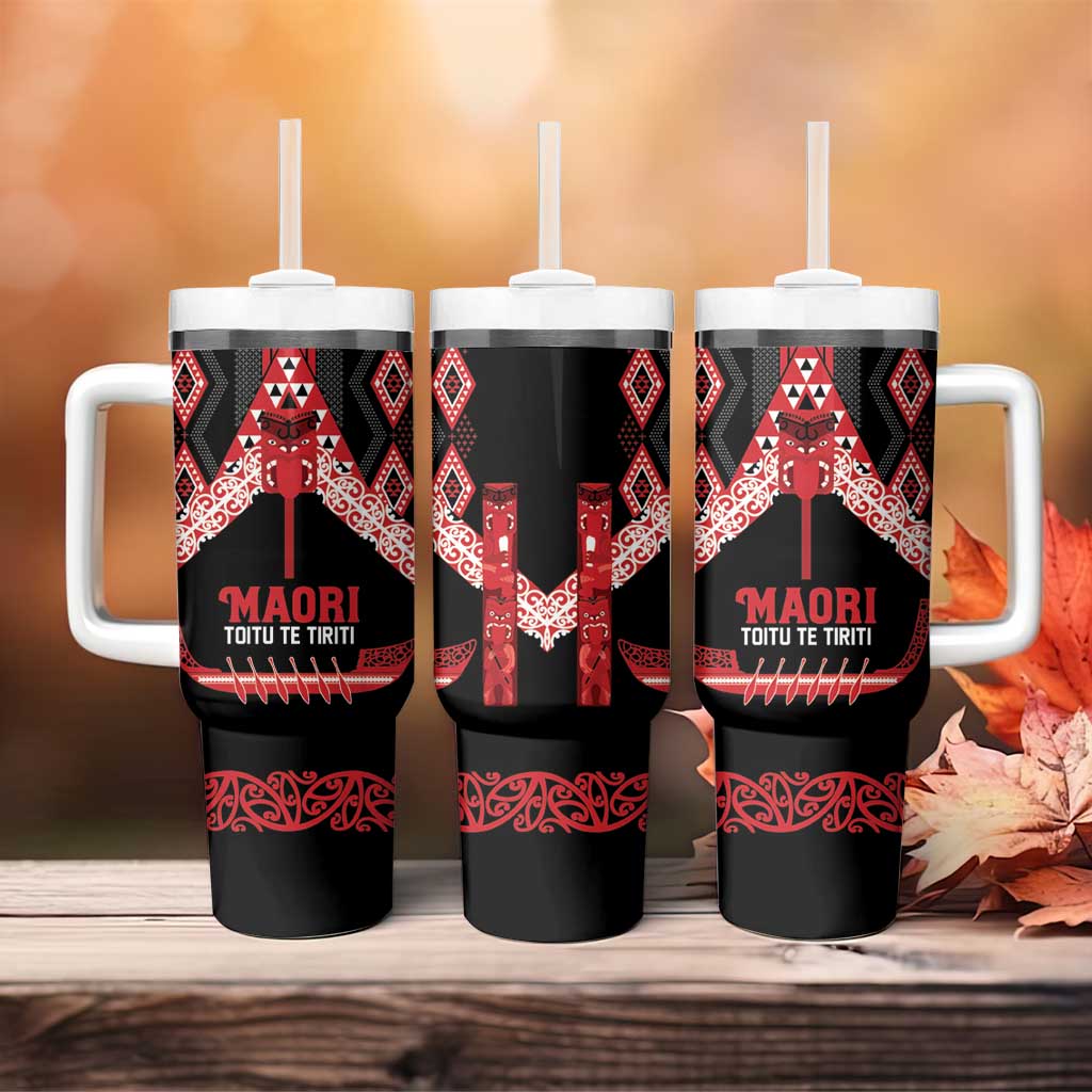 Toitu Te Tiriti Waitangi Tumbler With Handle Black Wharenui House - Aussie Hoodie