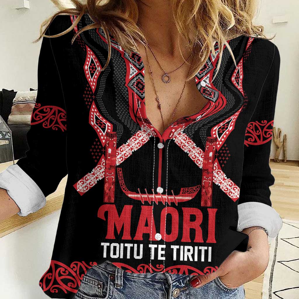 Toitu Te Tiriti Waitangi Women Casual Shirt Black Wharenui House - Aussie Hoodie
