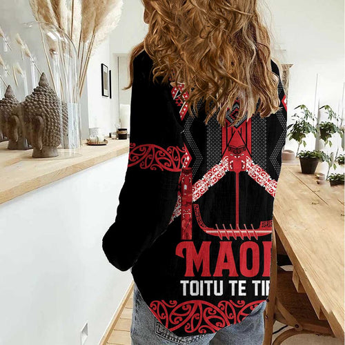 Toitu Te Tiriti Waitangi Women Casual Shirt Black Wharenui House - Aussie Hoodie