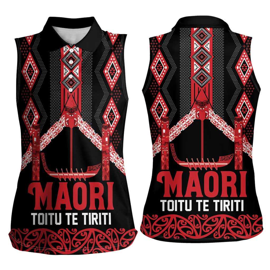 Toitu Te Tiriti Waitangi Women Sleeveless Polo Shirt Black Wharenui House - Aussie Hoodie