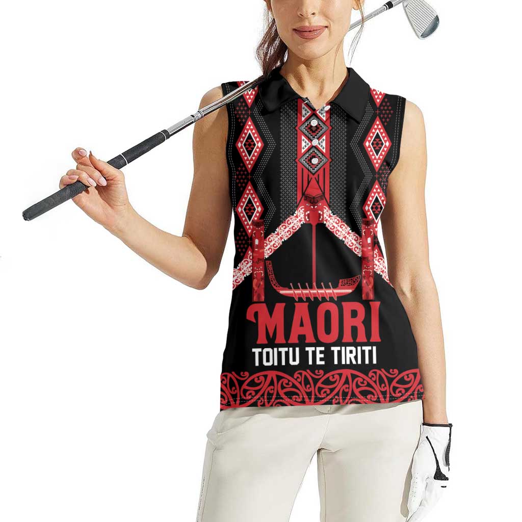 Toitu Te Tiriti Waitangi Women Sleeveless Polo Shirt Black Wharenui House - Aussie Hoodie