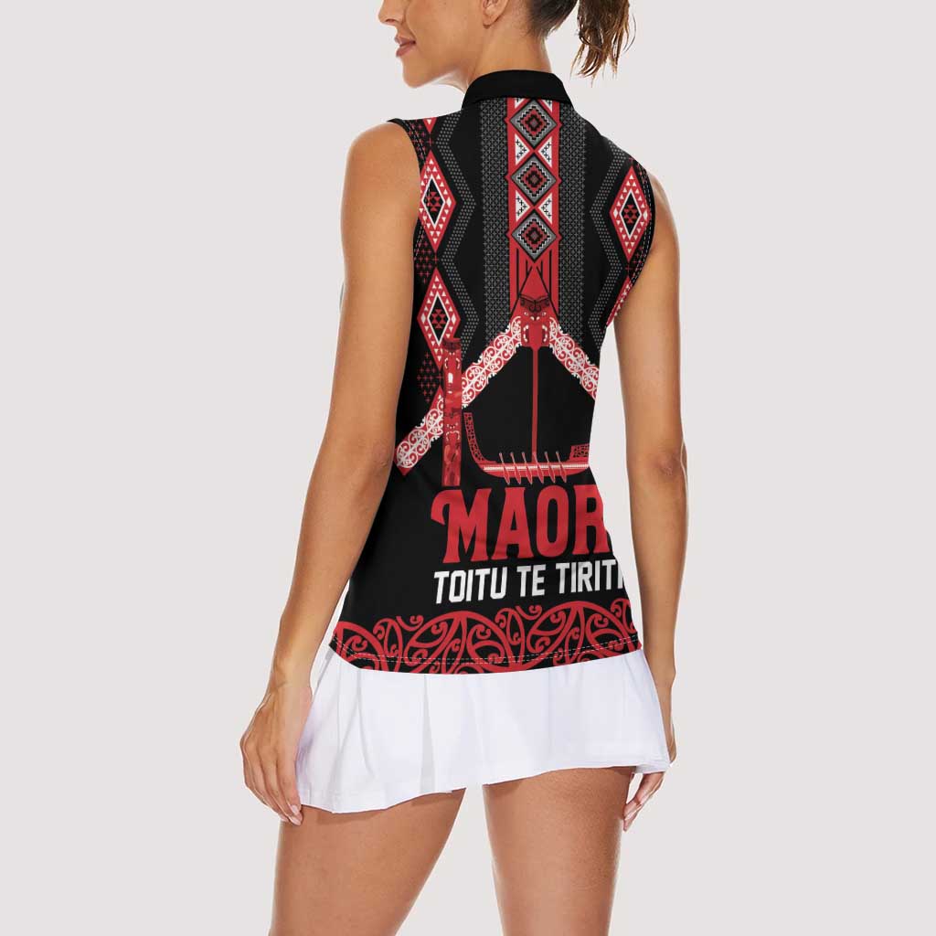 Toitu Te Tiriti Waitangi Women Sleeveless Polo Shirt Black Wharenui House - Aussie Hoodie