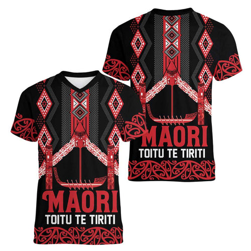 Toitu Te Tiriti Waitangi Women V-Neck T-Shirt Black Wharenui House - Aussie Hoodie