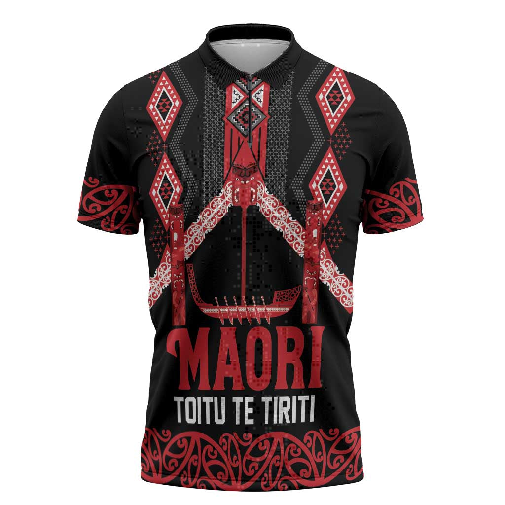 Toitu Te Tiriti Waitangi Zipper Polo Shirt Black Wharenui House - Aussie Hoodie