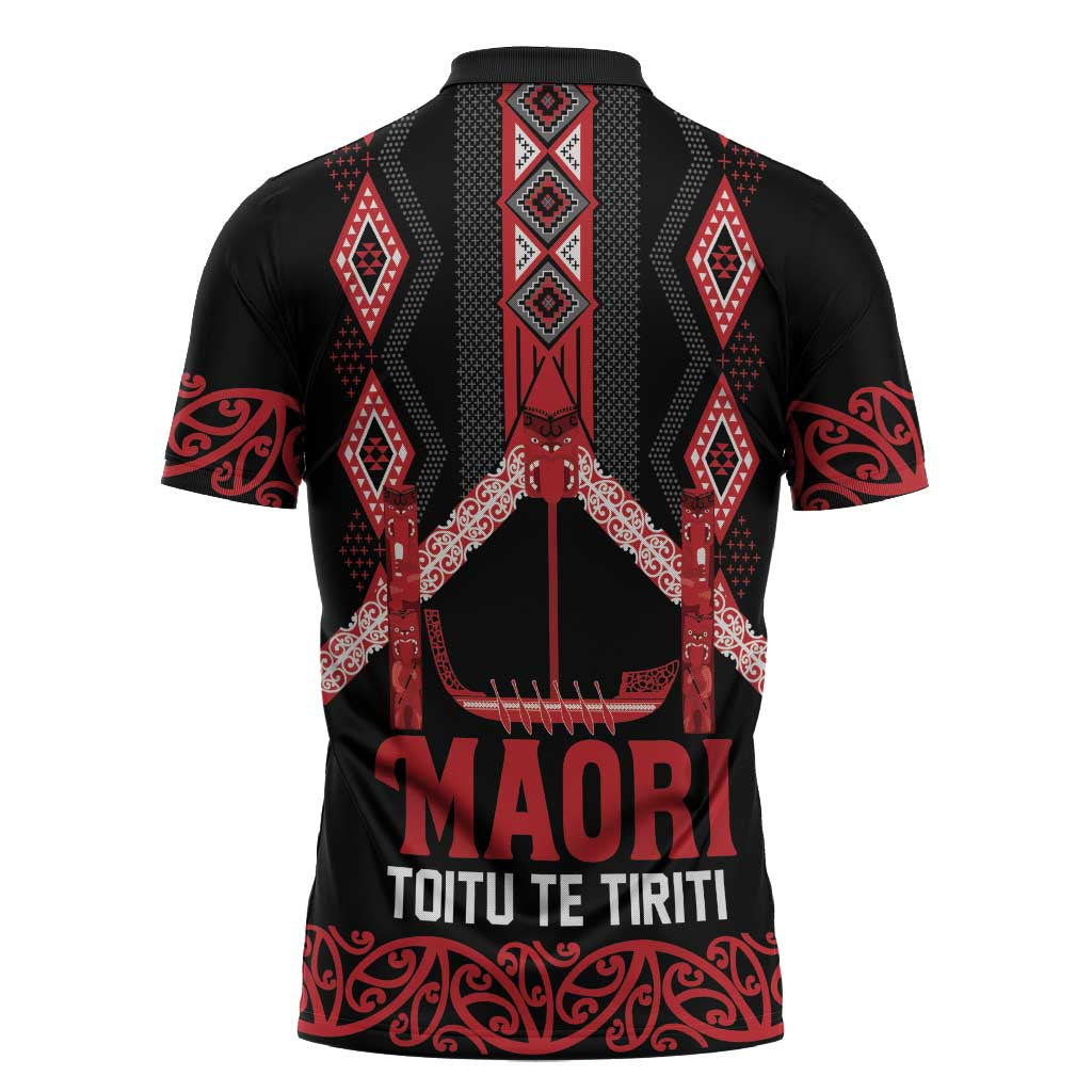 Toitu Te Tiriti Waitangi Zipper Polo Shirt Black Wharenui House - Aussie Hoodie