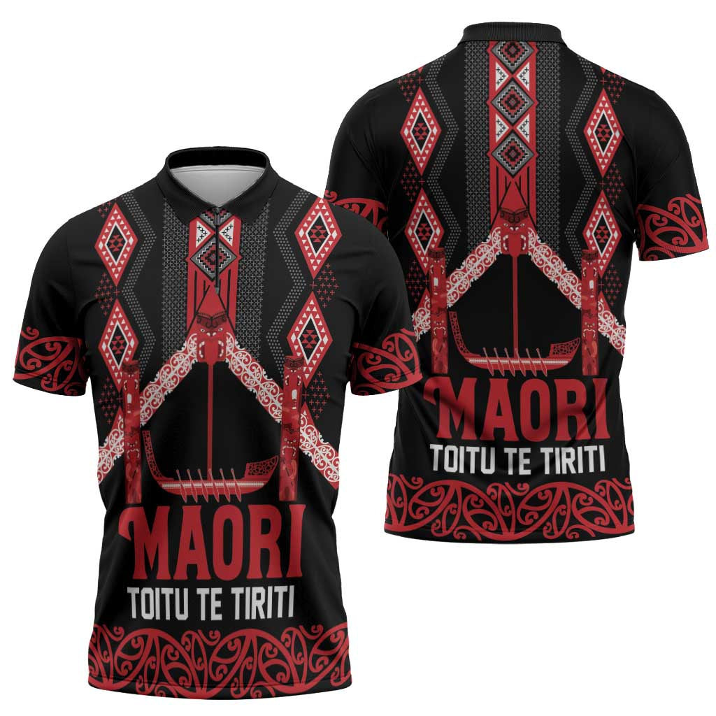 Toitu Te Tiriti Waitangi Zipper Polo Shirt Black Wharenui House - Aussie Hoodie