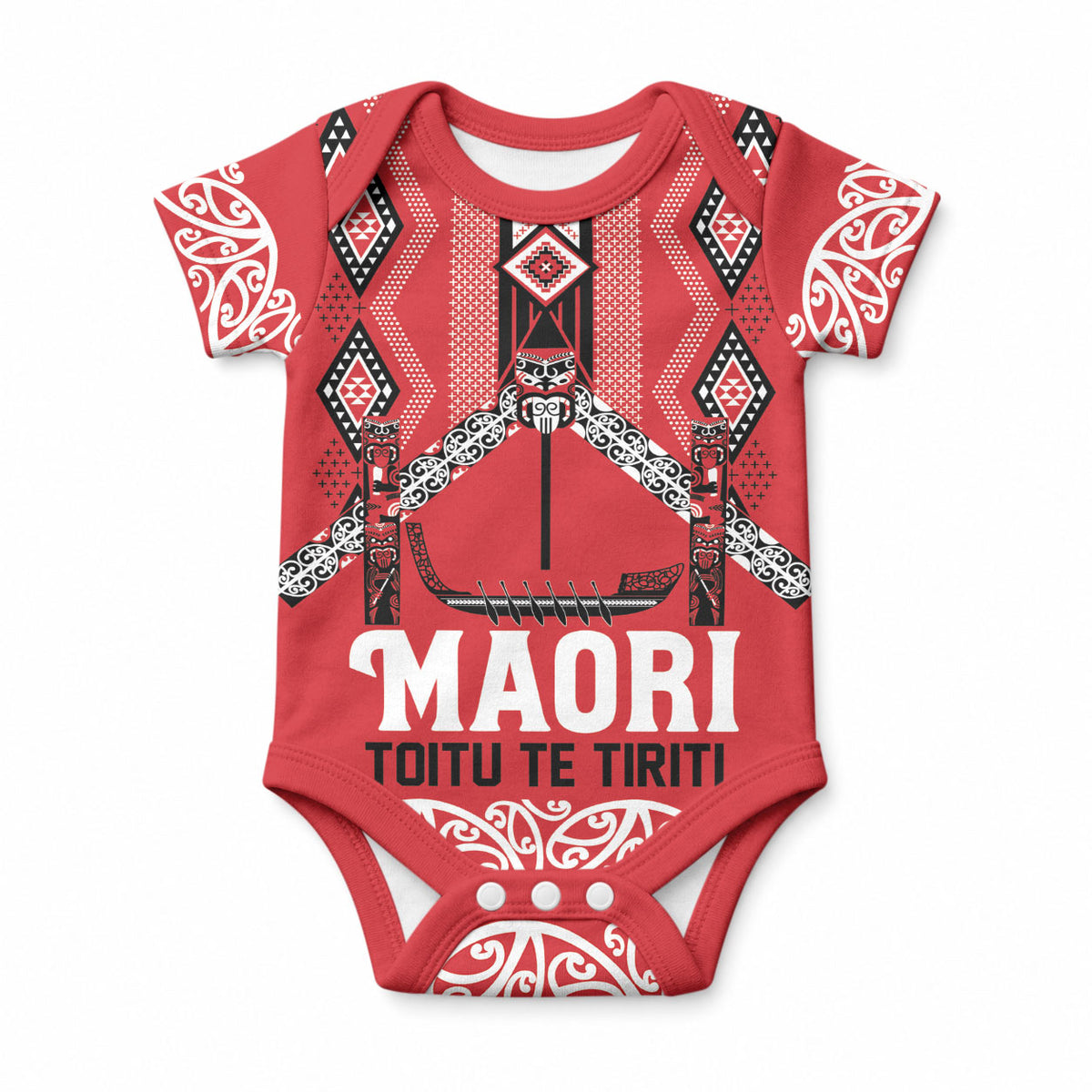 Toitu Te Tiriti Waitangi Baby Onesie Red Wharenui House