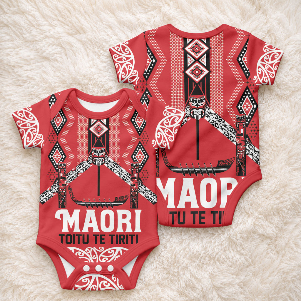 Toitu Te Tiriti Waitangi Baby Onesie Red Wharenui House