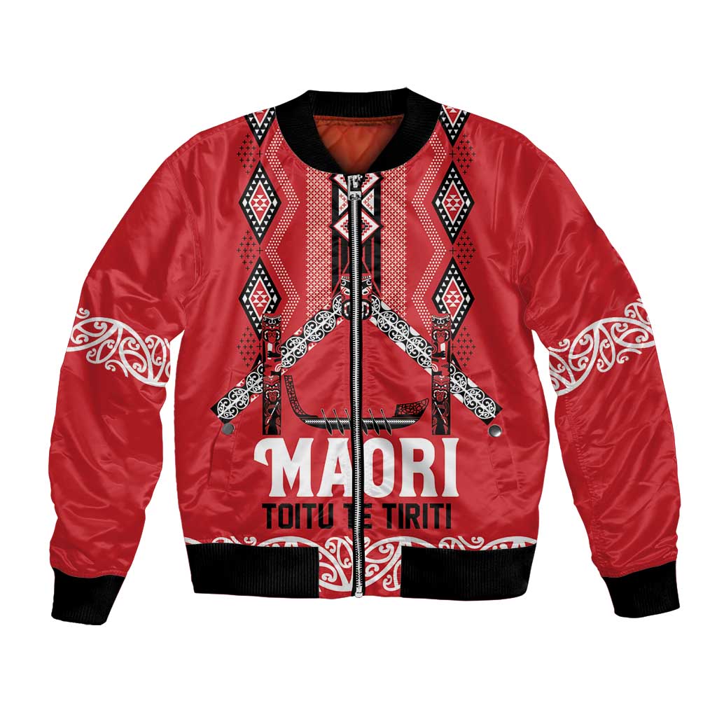 Toitu Te Tiriti Waitangi Bomber Jacket Red Wharenui House - Aussie Hoodie
