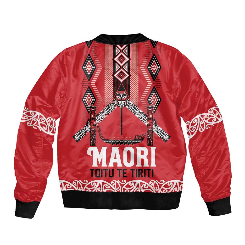 Toitu Te Tiriti Waitangi Bomber Jacket Red Wharenui House - Aussie Hoodie
