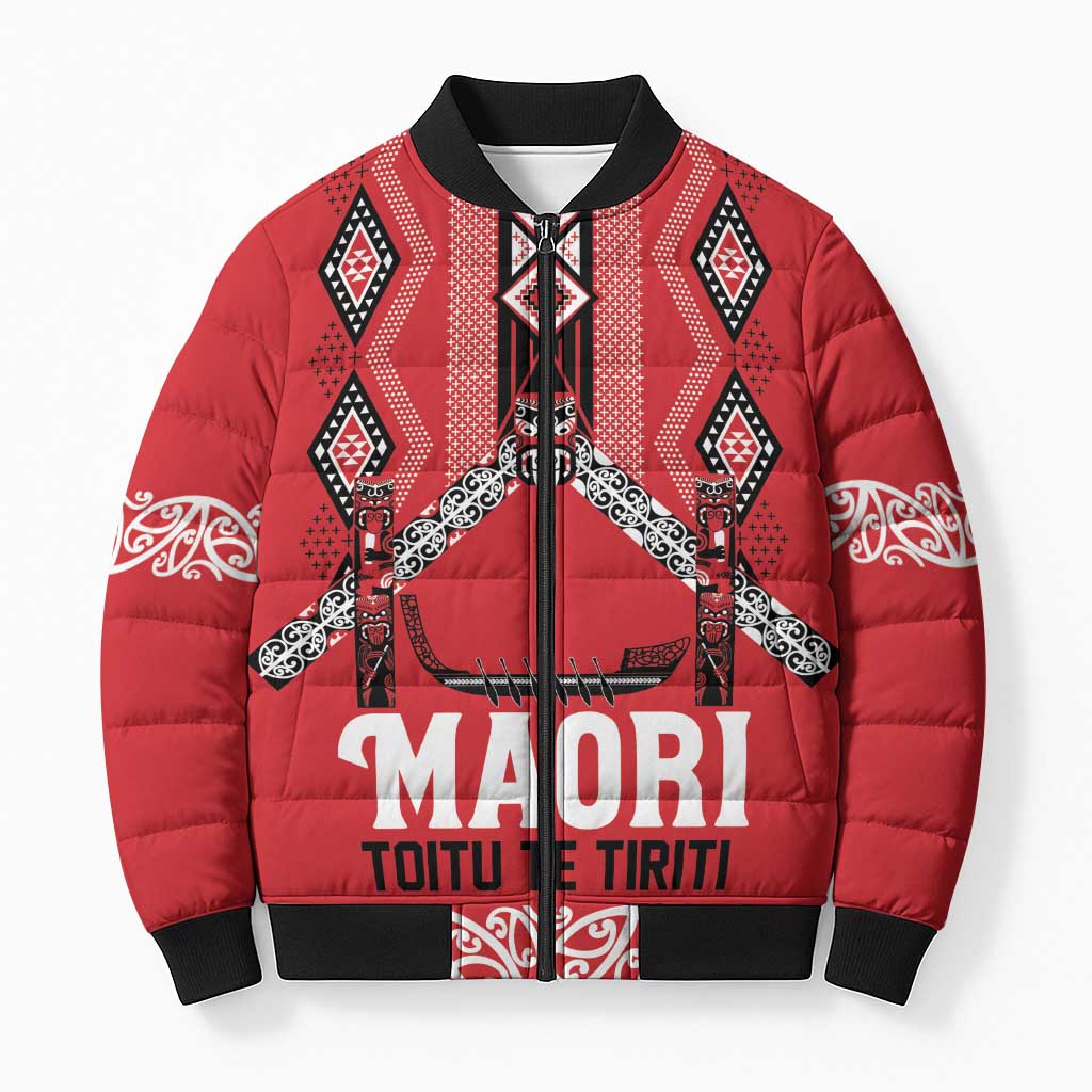 Toitu Te Tiriti Waitangi Bomber Puffer Jacket Red Wharenui House - Aussie Hoodie
