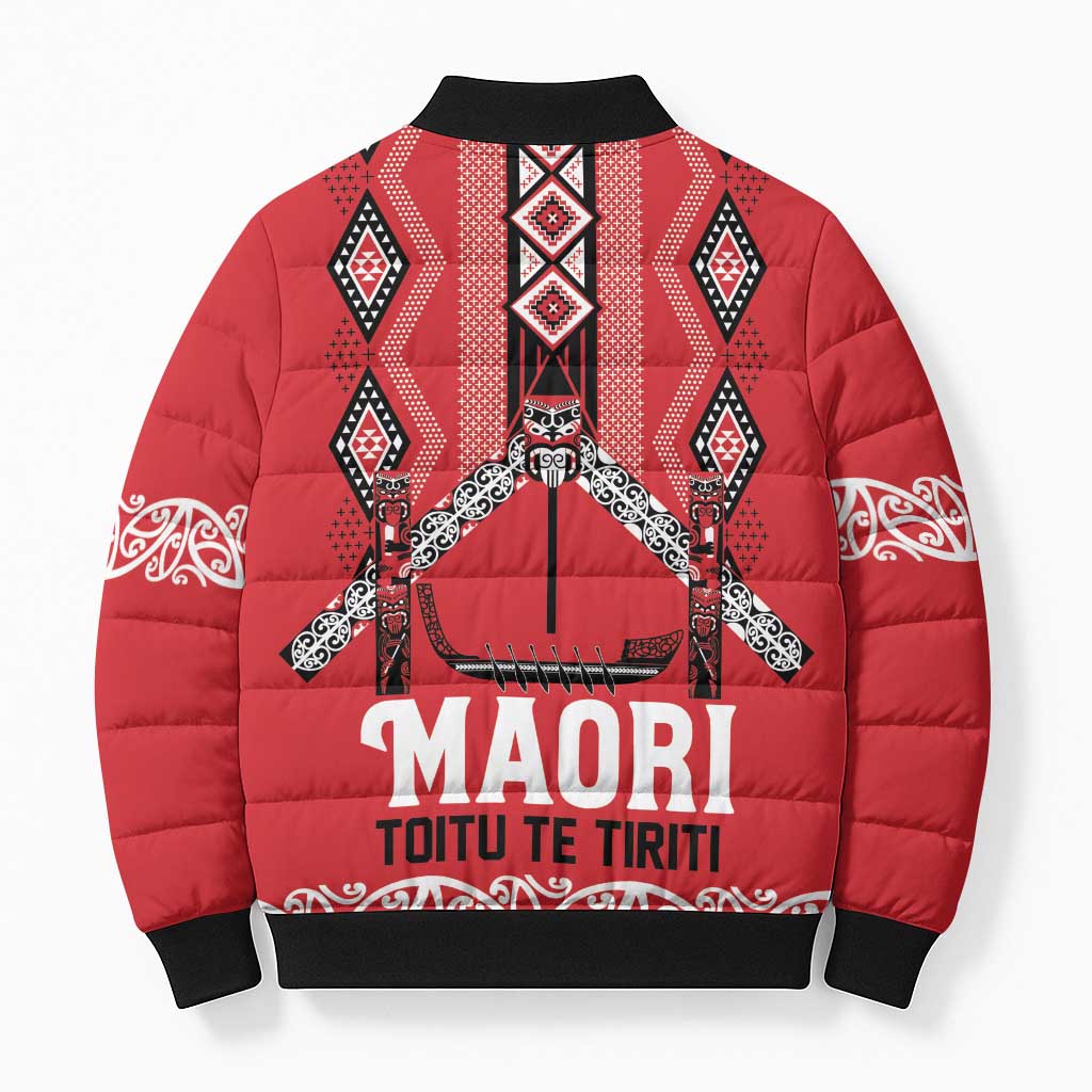 Toitu Te Tiriti Waitangi Bomber Puffer Jacket Red Wharenui House - Aussie Hoodie