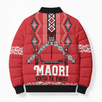 Toitu Te Tiriti Waitangi Bomber Puffer Jacket Red Wharenui House - Aussie Hoodie