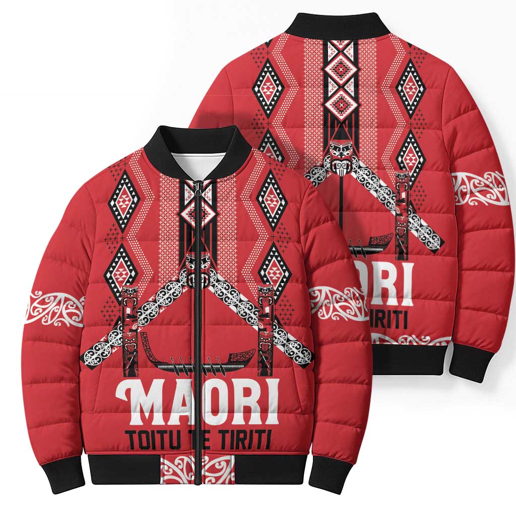 Toitu Te Tiriti Waitangi Bomber Puffer Jacket Red Wharenui House - Aussie Hoodie