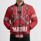 Toitu Te Tiriti Waitangi Bomber Puffer Jacket Red Wharenui House - Aussie Hoodie