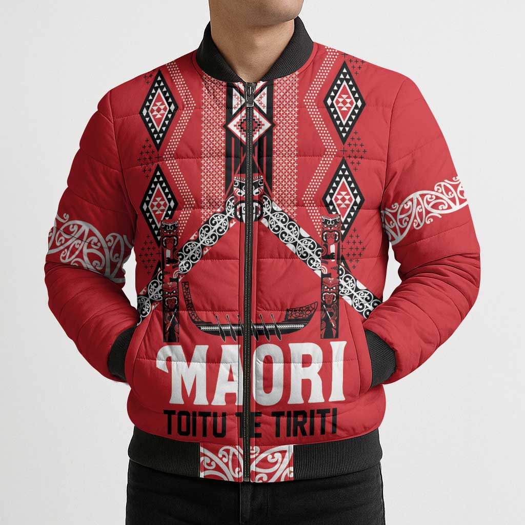 Toitu Te Tiriti Waitangi Bomber Puffer Jacket Red Wharenui House - Aussie Hoodie