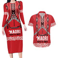 Toitu Te Tiriti Waitangi Couples Matching Long Sleeve Bodycon Dress and Hawaiian Shirt Red Wharenui House - Aussie Hoodie