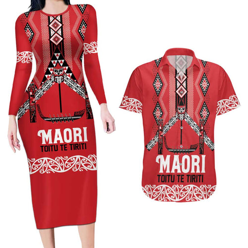 Toitu Te Tiriti Waitangi Couples Matching Long Sleeve Bodycon Dress and Hawaiian Shirt Red Wharenui House - Aussie Hoodie