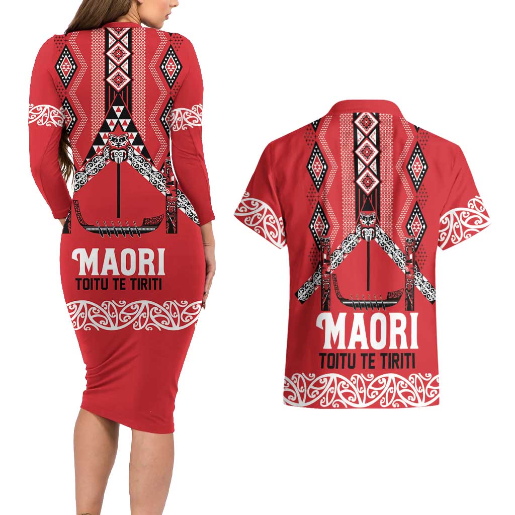 Toitu Te Tiriti Waitangi Couples Matching Long Sleeve Bodycon Dress and Hawaiian Shirt Red Wharenui House - Aussie Hoodie