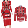 Toitu Te Tiriti Waitangi Couples Matching Long Sleeve Bodycon Dress and Long Sleeve Button Shirt Red Wharenui House - Aussie Hoodie