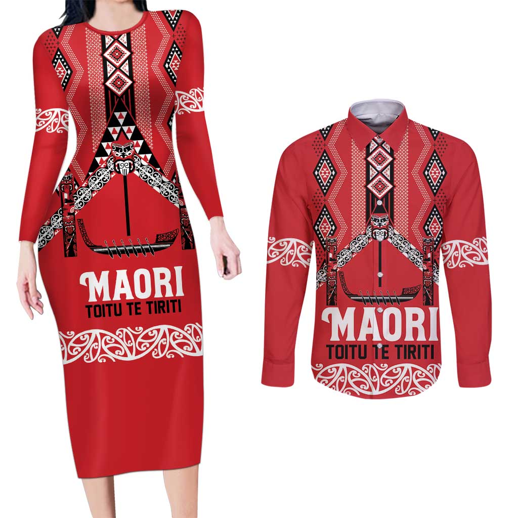 Toitu Te Tiriti Waitangi Couples Matching Long Sleeve Bodycon Dress and Long Sleeve Button Shirt Red Wharenui House - Aussie Hoodie