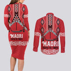 Toitu Te Tiriti Waitangi Couples Matching Long Sleeve Bodycon Dress and Long Sleeve Button Shirt Red Wharenui House - Aussie Hoodie