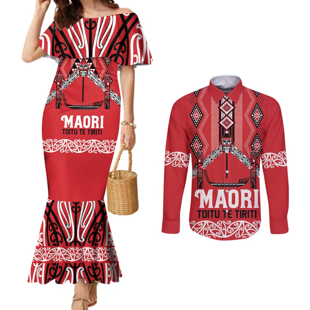 Toitu Te Tiriti Waitangi Couples Matching Mermaid Dress and Long Sleeve Button Shirt Red Wharenui House - Aussie Hoodie