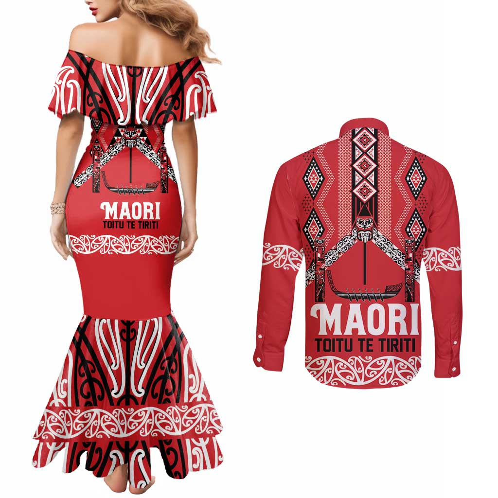 Toitu Te Tiriti Waitangi Couples Matching Mermaid Dress and Long Sleeve Button Shirt Red Wharenui House - Aussie Hoodie