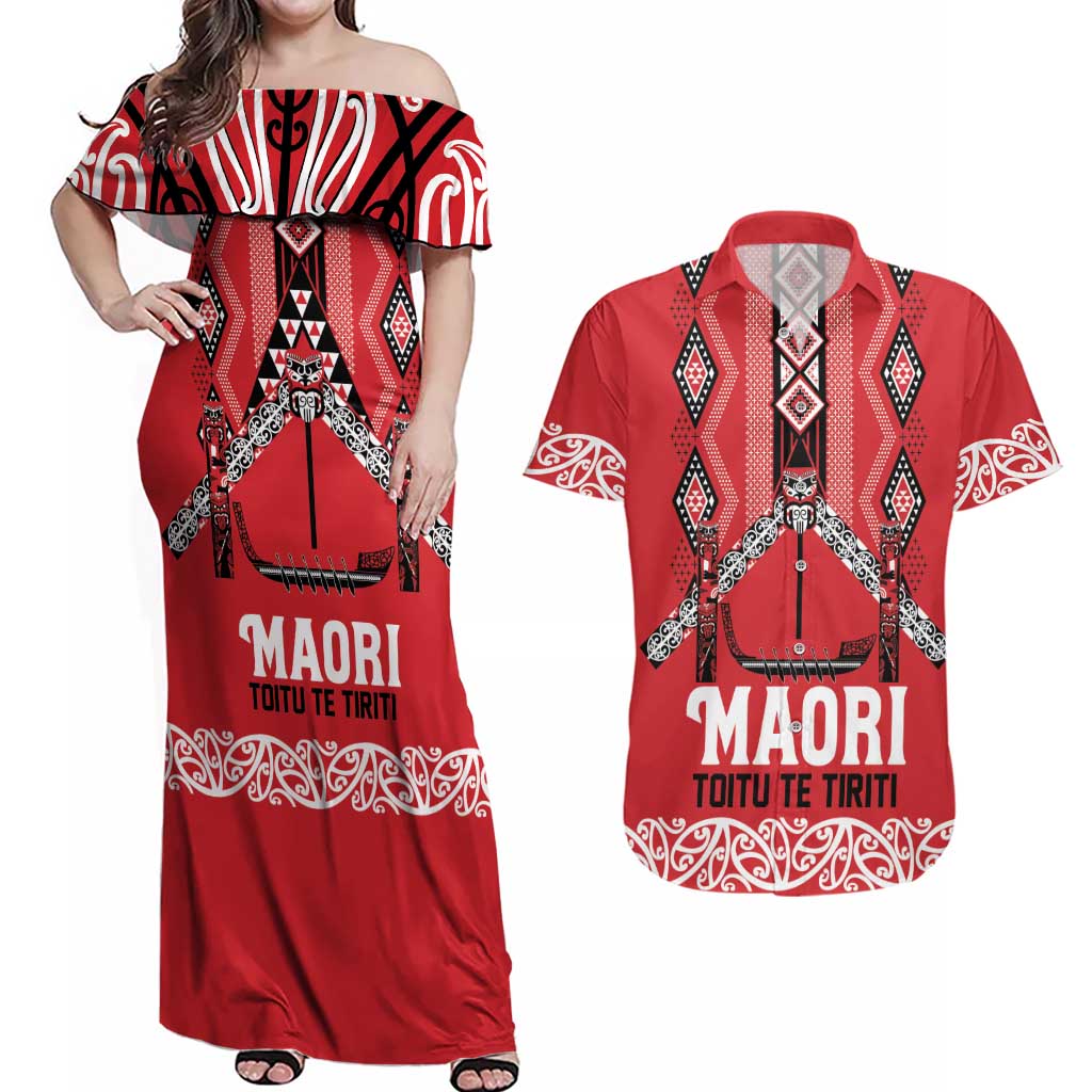 Toitu Te Tiriti Waitangi Couples Matching Off Shoulder Maxi Dress and Hawaiian Shirt Red Wharenui House - Aussie Hoodie
