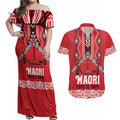 Toitu Te Tiriti Waitangi Couples Matching Off Shoulder Maxi Dress and Hawaiian Shirt Red Wharenui House - Aussie Hoodie