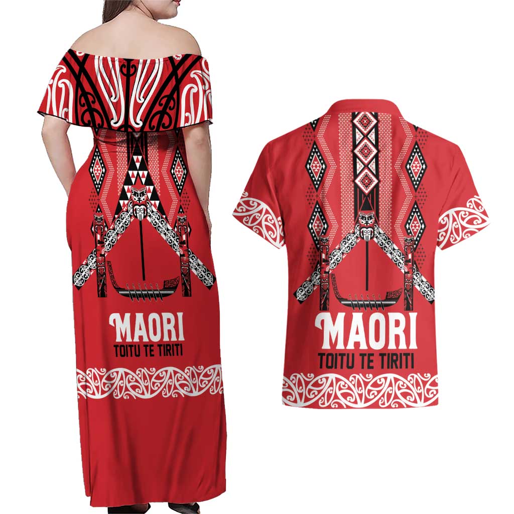 Toitu Te Tiriti Waitangi Couples Matching Off Shoulder Maxi Dress and Hawaiian Shirt Red Wharenui House - Aussie Hoodie