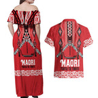 Toitu Te Tiriti Waitangi Couples Matching Off Shoulder Maxi Dress and Hawaiian Shirt Red Wharenui House - Aussie Hoodie