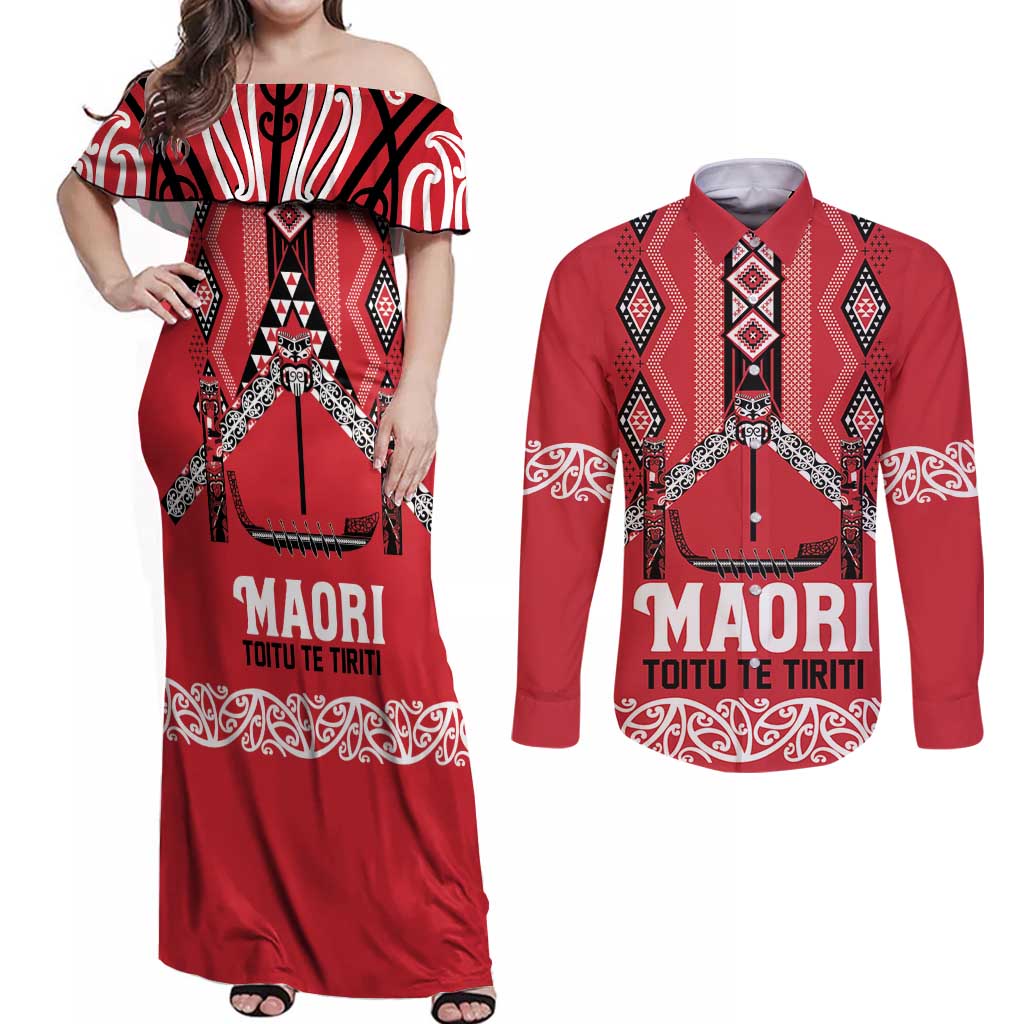 Toitu Te Tiriti Waitangi Couples Matching Off Shoulder Maxi Dress and Long Sleeve Button Shirt Red Wharenui House - Aussie Hoodie