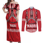 Toitu Te Tiriti Waitangi Couples Matching Off Shoulder Maxi Dress and Long Sleeve Button Shirt Red Wharenui House - Aussie Hoodie