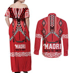 Toitu Te Tiriti Waitangi Couples Matching Off Shoulder Maxi Dress and Long Sleeve Button Shirt Red Wharenui House - Aussie Hoodie