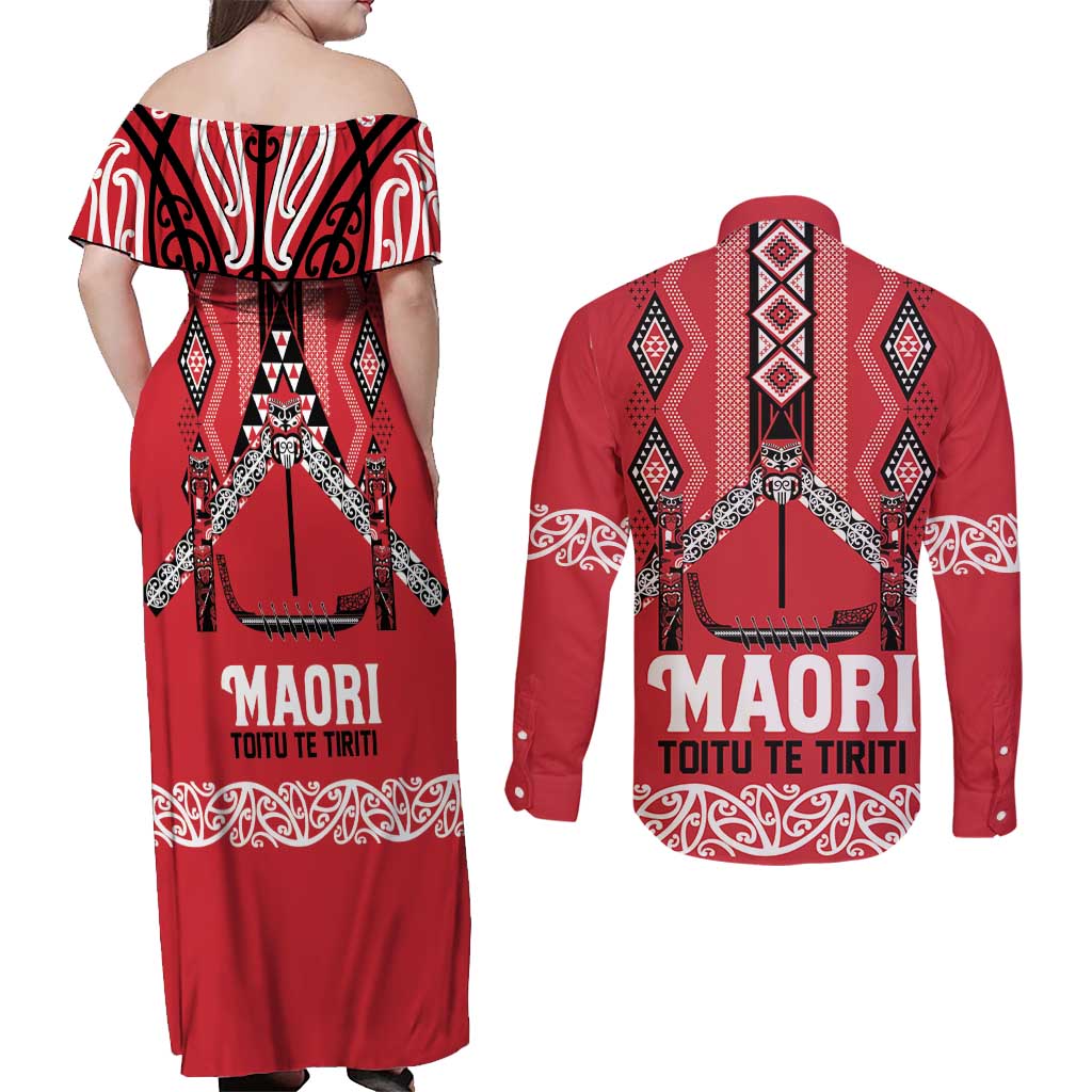 Toitu Te Tiriti Waitangi Couples Matching Off Shoulder Maxi Dress and Long Sleeve Button Shirt Red Wharenui House - Aussie Hoodie