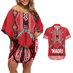 Toitu Te Tiriti Waitangi Couples Matching Off Shoulder Short Dress and Hawaiian Shirt Red Wharenui House - Aussie Hoodie